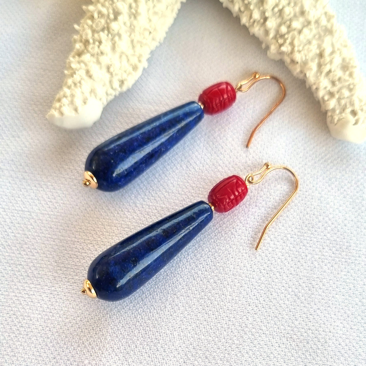 Laguna Lapis Lazuli & Carved Coral Earrings