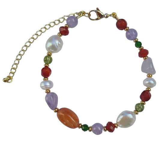 Serenity Carnelian, Amethyst, Peridot, Chrome Diopside and Pearl Bracelet