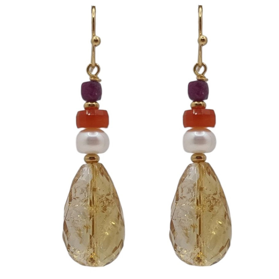 Serenity Citrine, Carnelian, Ruby and Pearl Earrings