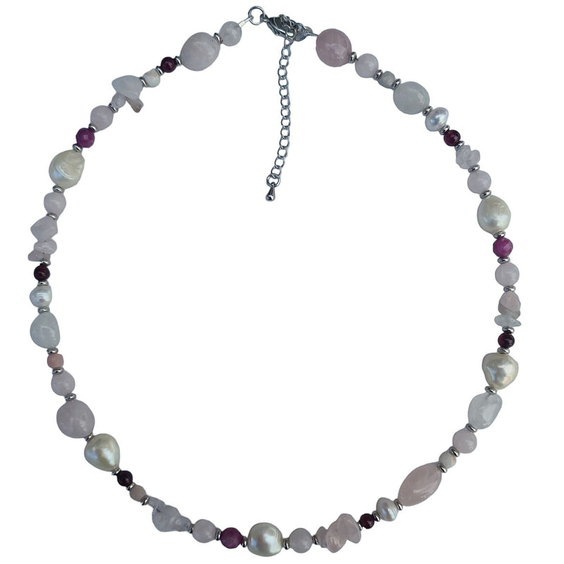 Serenity Rose Quartz, Garnet, Ruby and Pearl Necklace