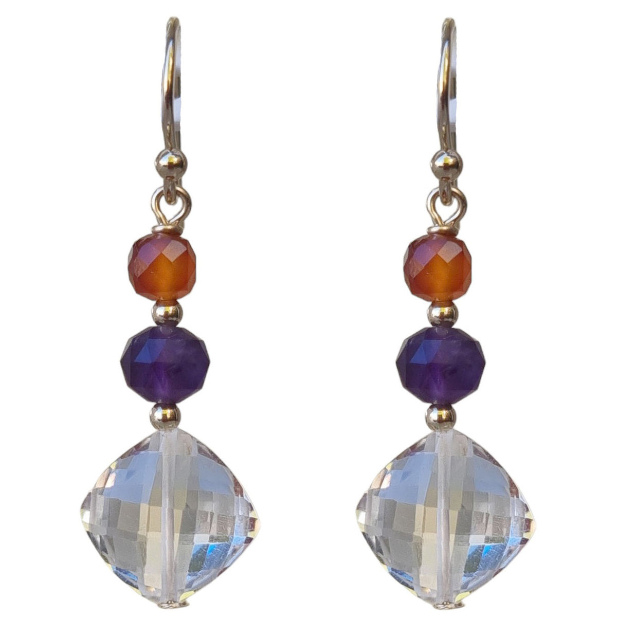 Bespoke Clear Quartz, Amethyst and Carnelian Gold Filled Earrings