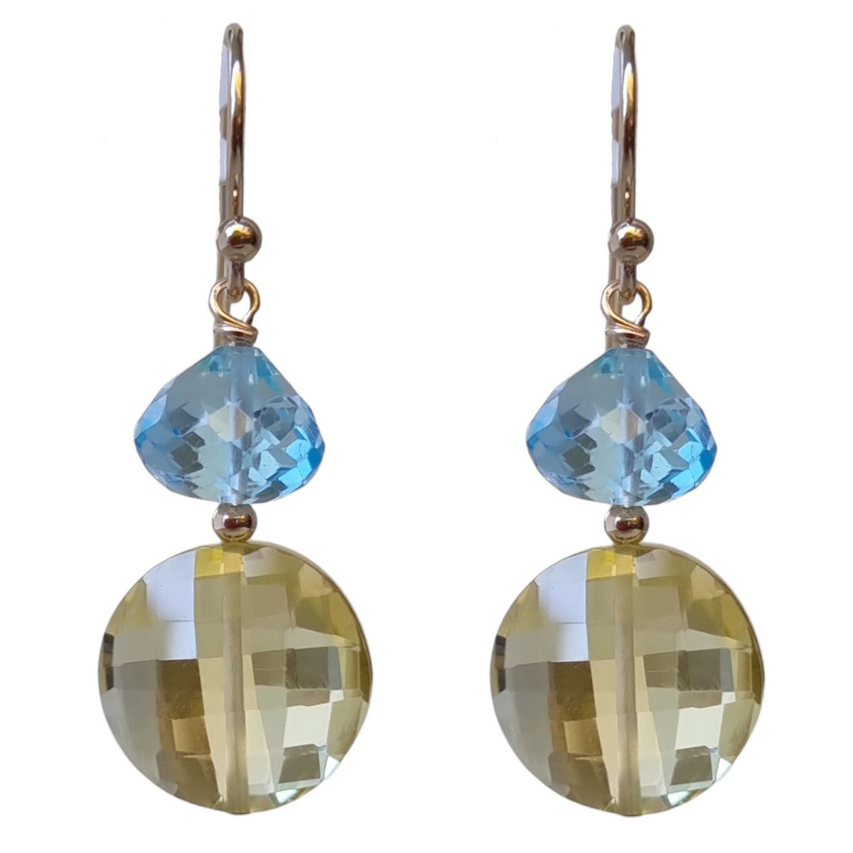 Bespoke Lemon Quartz and Blue Topaz Gold Filled Earrings