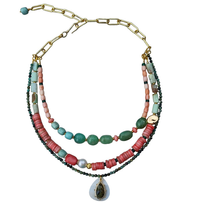Estadio Chrysoprase, Turquoise and Coral Necklace