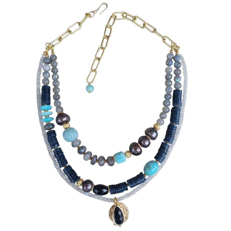 Estadio Pearl, Amazonite, Labradorite, Moonstone and Onyx Necklace