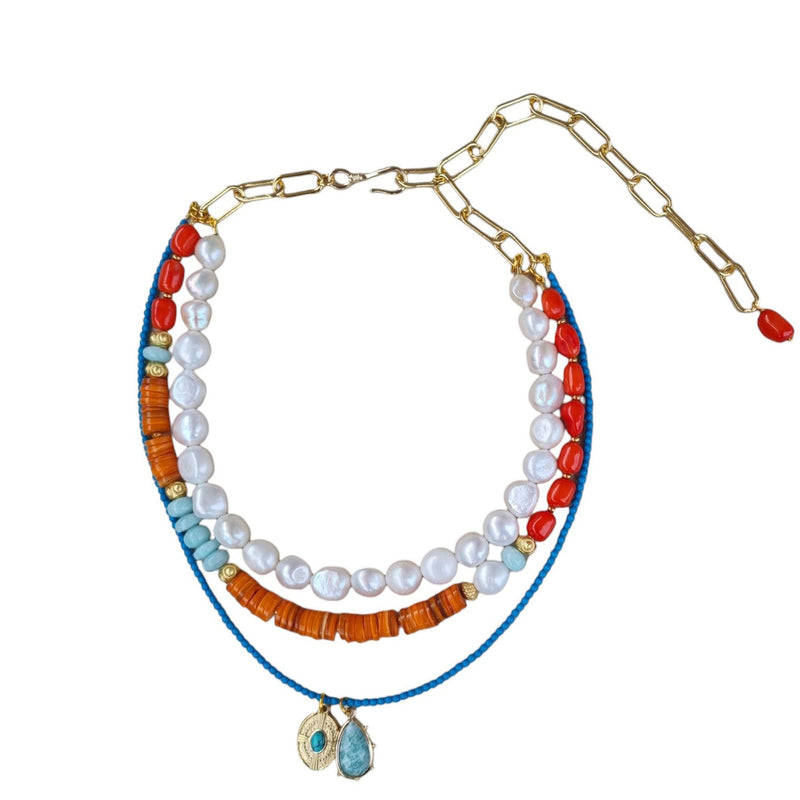 Estadio Pearl, Amazonite, Coral Turquoise Necklace