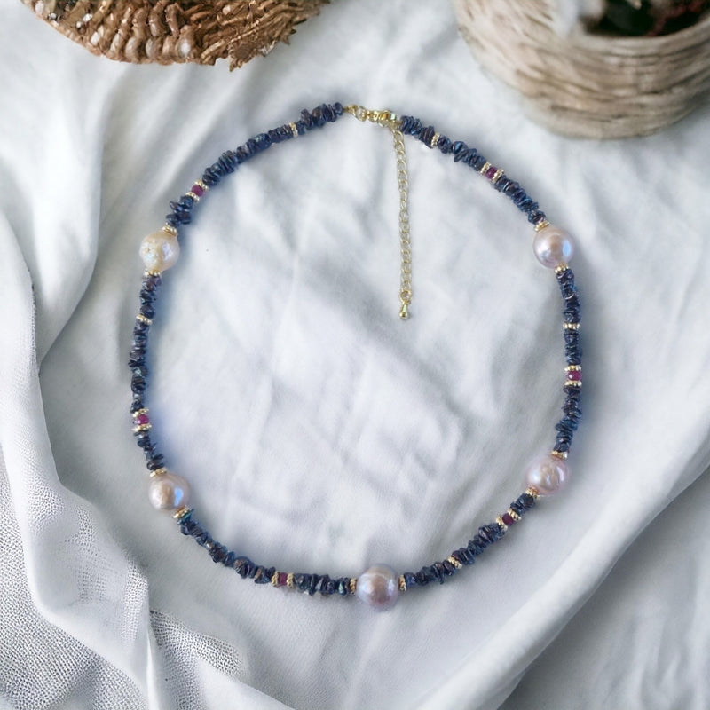 Pacifica Keshi Pearl and Ruby Necklace