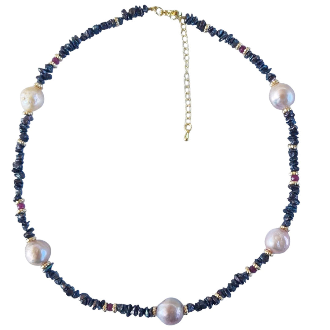 Pacifica Keshi Pearl and Ruby Necklace