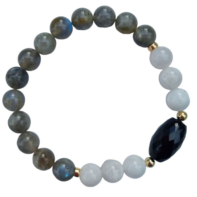 Sarah Labradorite, Moonstone and Onyx Silver or Gold filled Bracelet