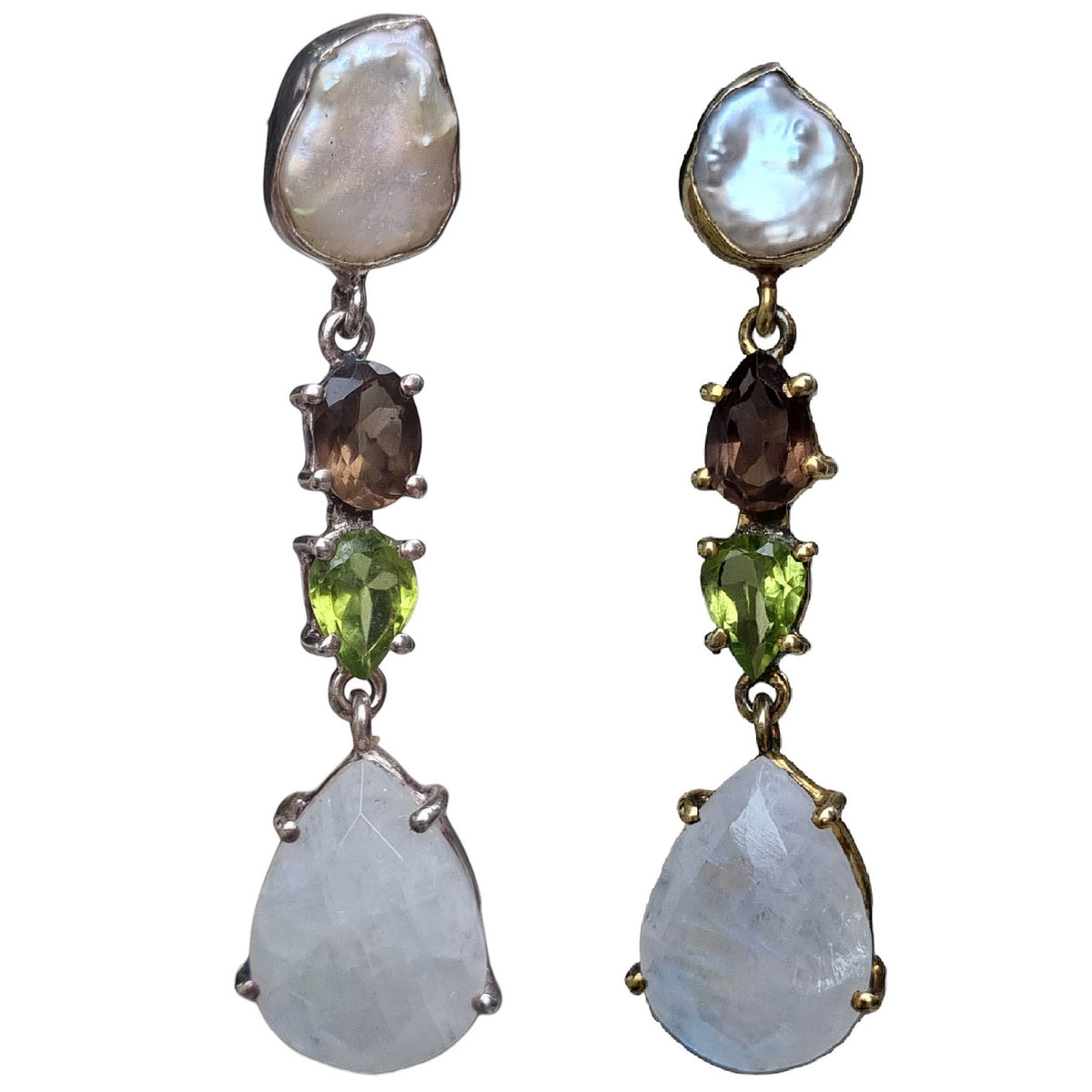 Harley Pearl, Smokey Quartz, Peridot and Moonstone Silver Earrings