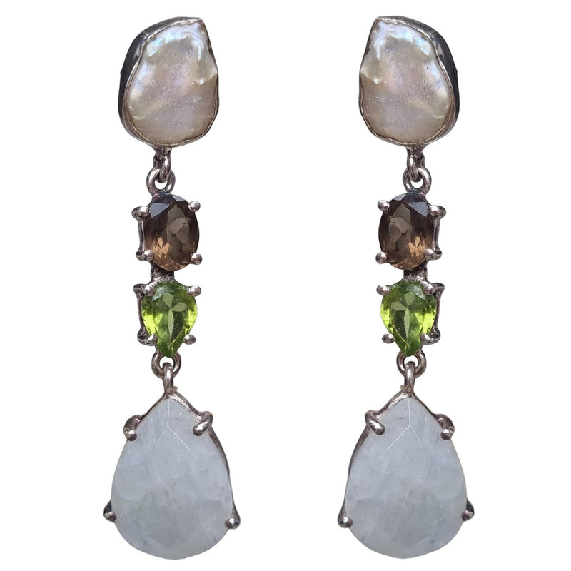 Harley Pearl, Smokey Quartz, Peridot and Moonstone Silver Earrings