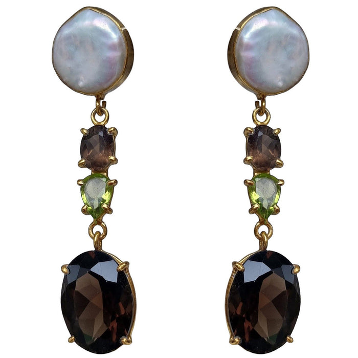 Harley Pearl, Smokey Quartz and Peridot Gold plate Silver Earrings