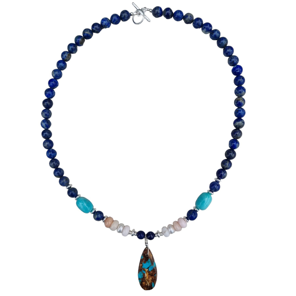 Avery Lapis Lazuli, Pearl, Amazonite and Pink Opal pendant necklace