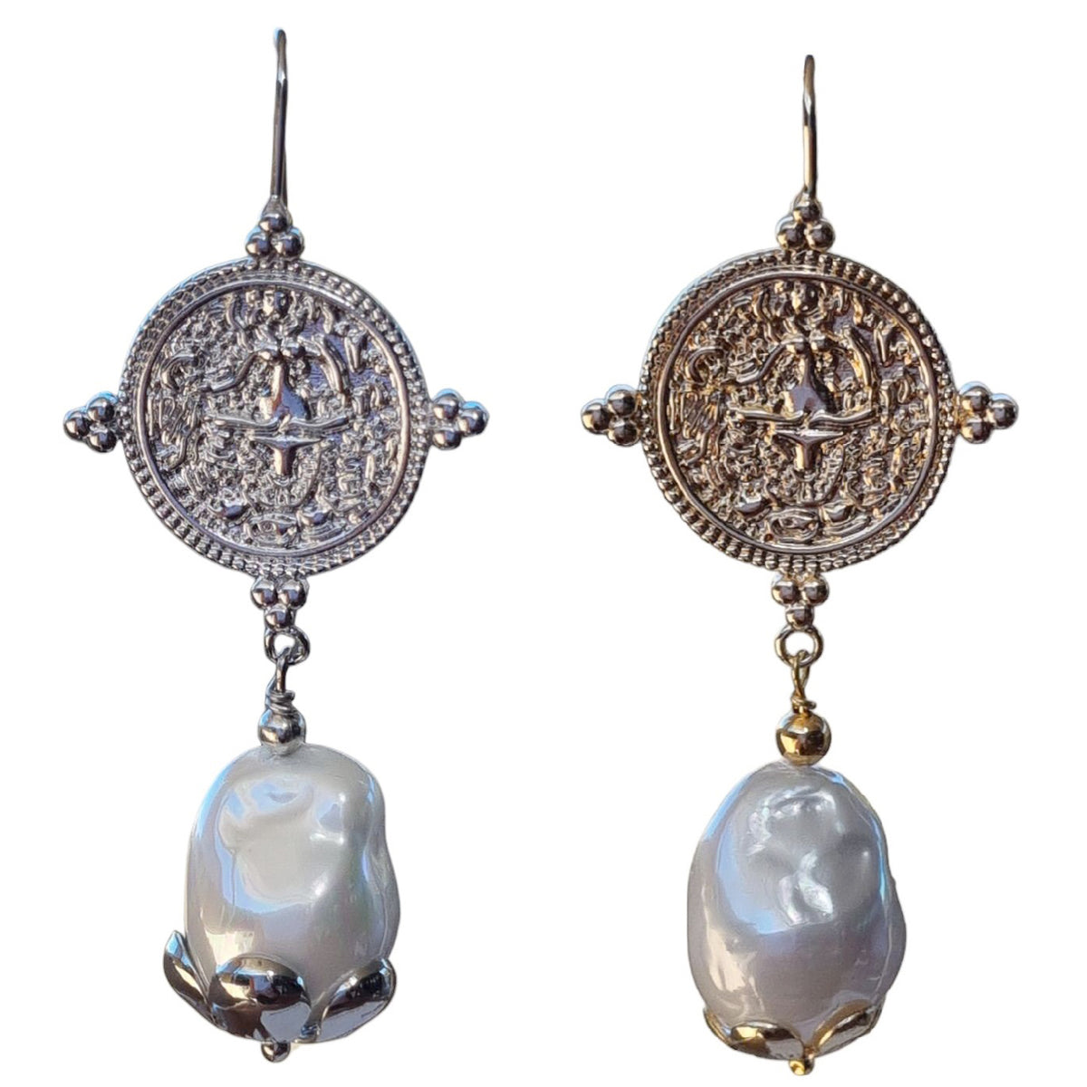 Ancient Coin Baroque Pearl Earrings