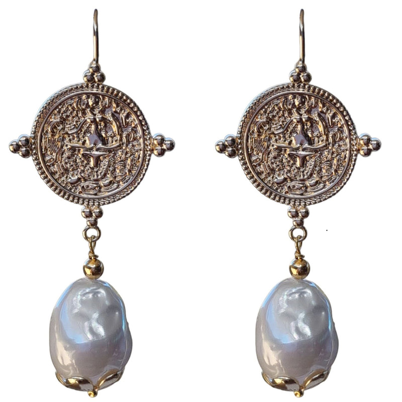 Ancient Coin Baroque Pearl Earrings