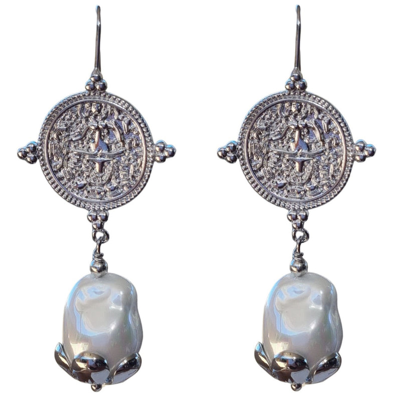 Ancient Coin Baroque Pearl Earrings