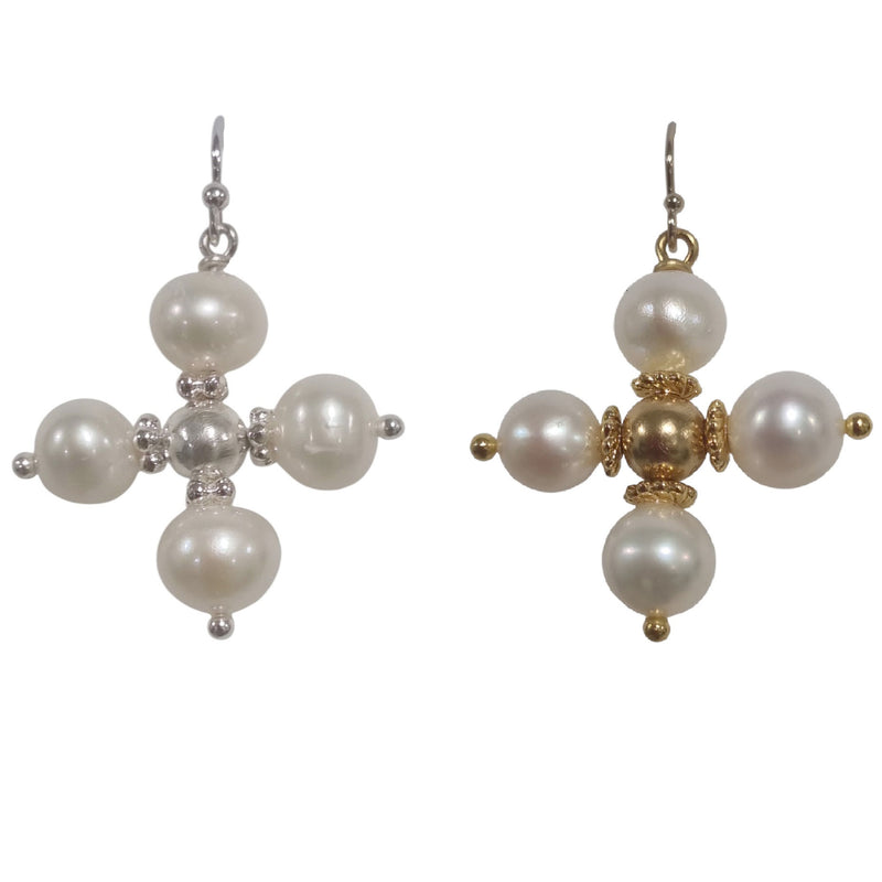 Sage Pearl Cross Earrings Silver or Gold