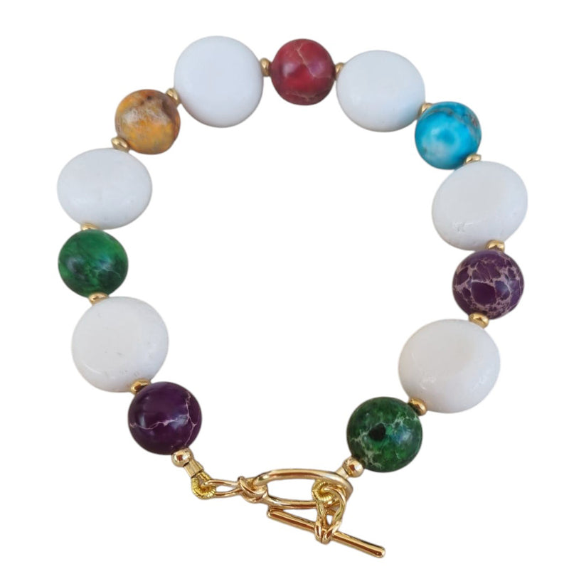 Mardi Gras Multi-Colour Jasper with Coin White Coral Bracelet