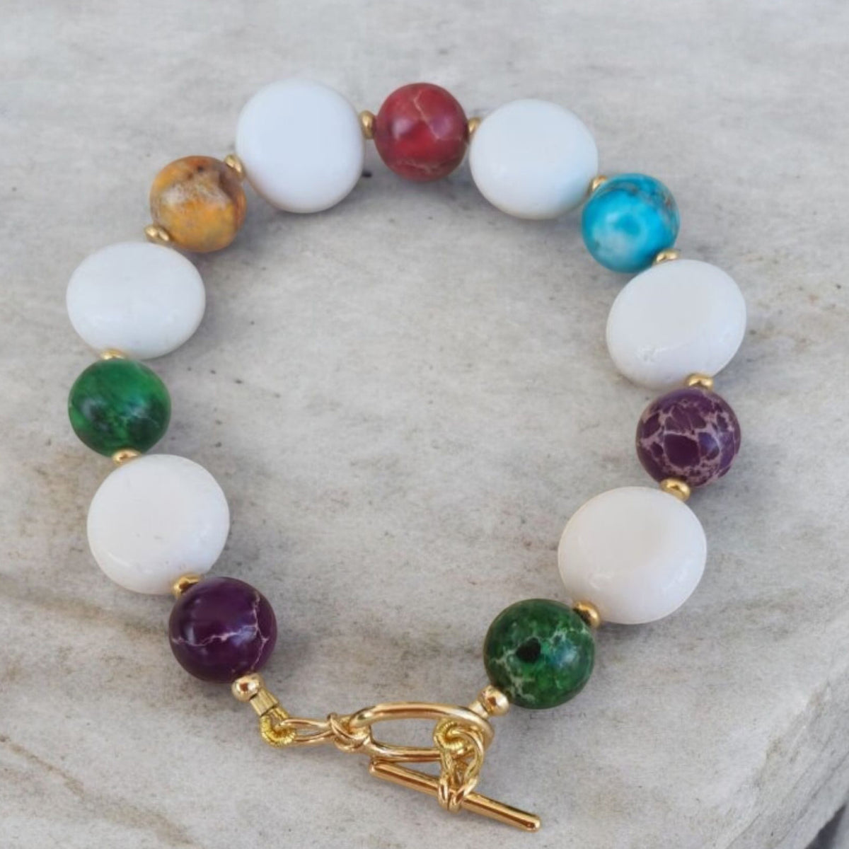 Mardi Gras Multi-Colour Jasper with Coin White Coral Bracelet