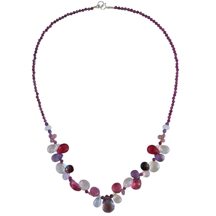 Gemmy Ruby, Garnet, Rose Quartz, Tourmaline and Amethyst Sterling Silver Necklace