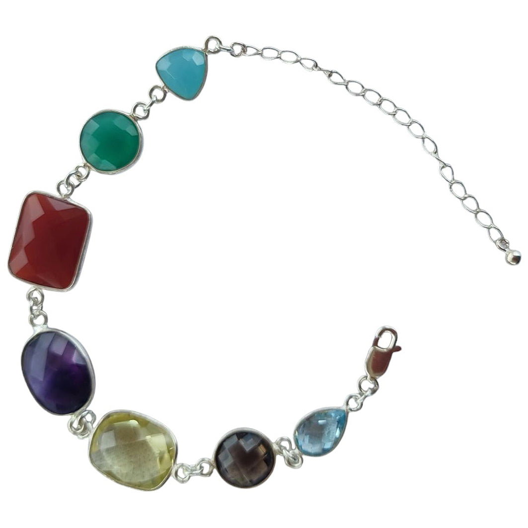 Monty Green Onyx, Carnelian, Amethyst, Lemon Quartz, Smokey Quartz and Blue Topaz Sterling Silver bracelet