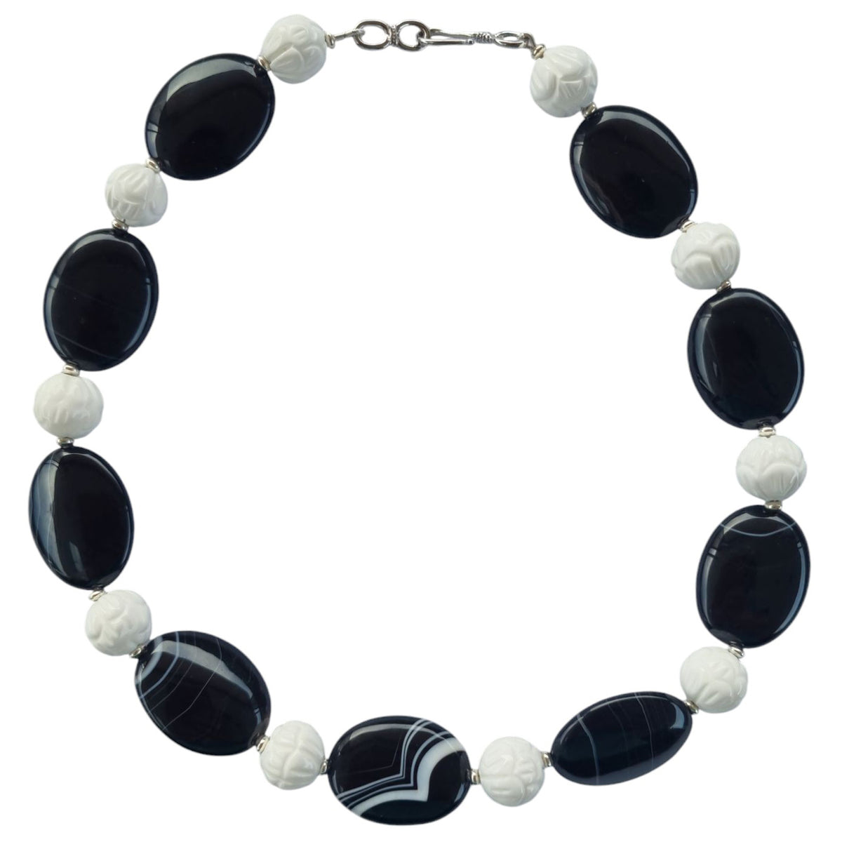 Noir Carved White Coral and Sardonyx banded Agate Necklace