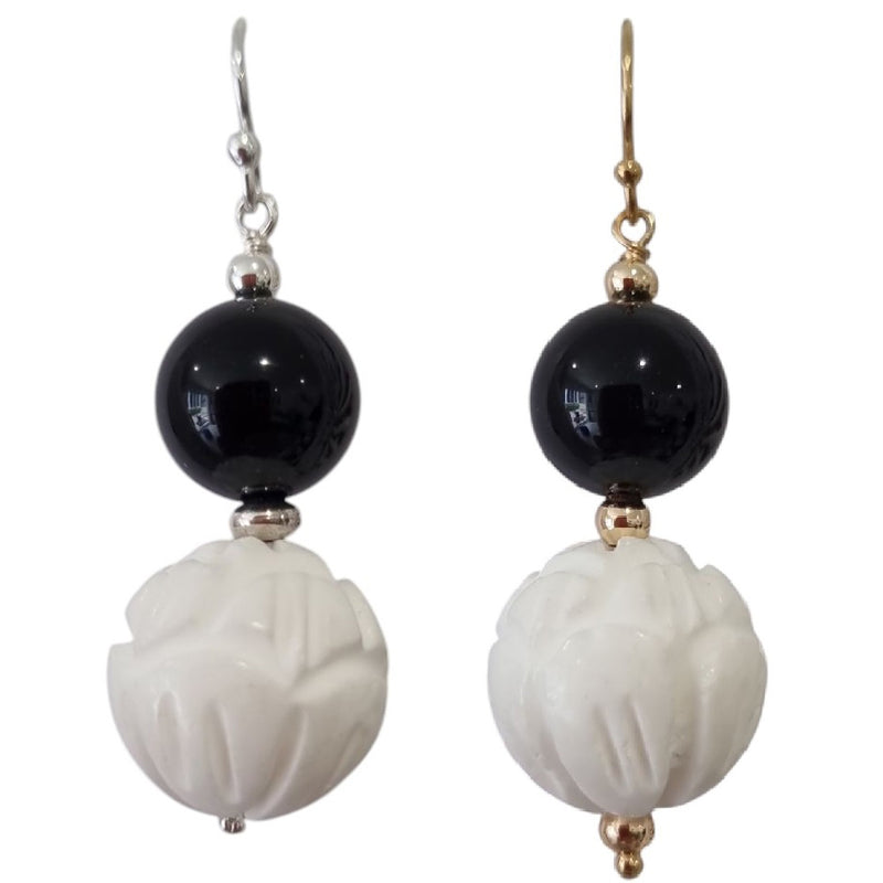 Noir Carved White Coral and Onyx Sterling Silver or Gold Filled Earrings