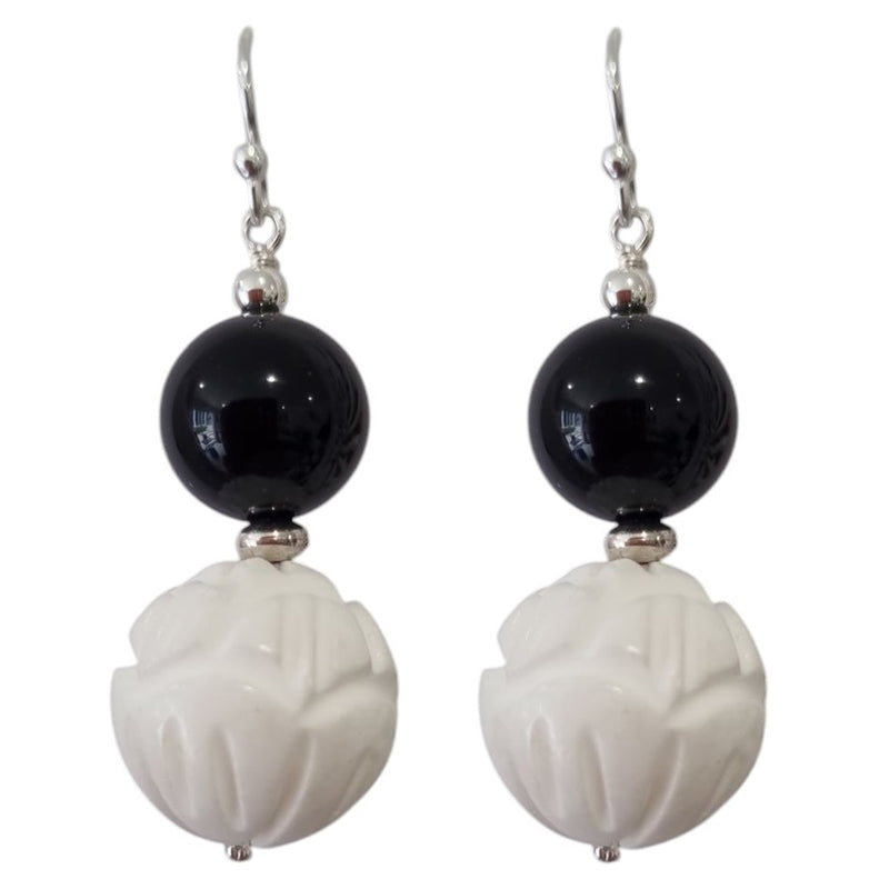 Noir Carved White Coral and Onyx Sterling Silver or Gold Filled Earrings