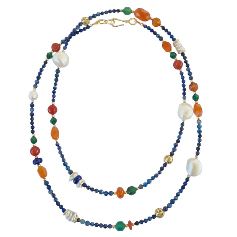 Thebes Lapis Lazuli, Carnelian, Pearl and Green Onyx Long Necklace