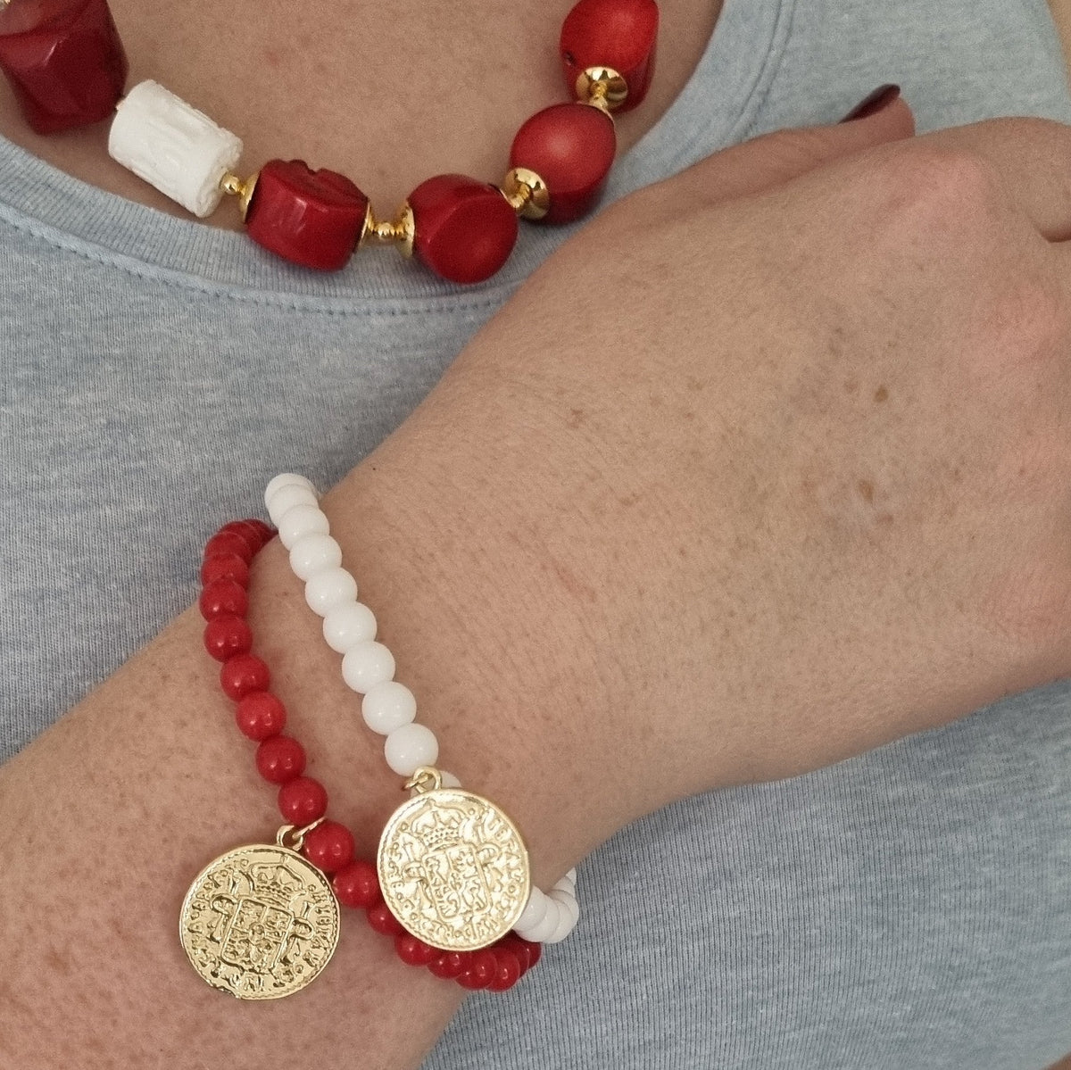 Amara Stretchy Apricot Coral Coin Bracelets Gold or Silver