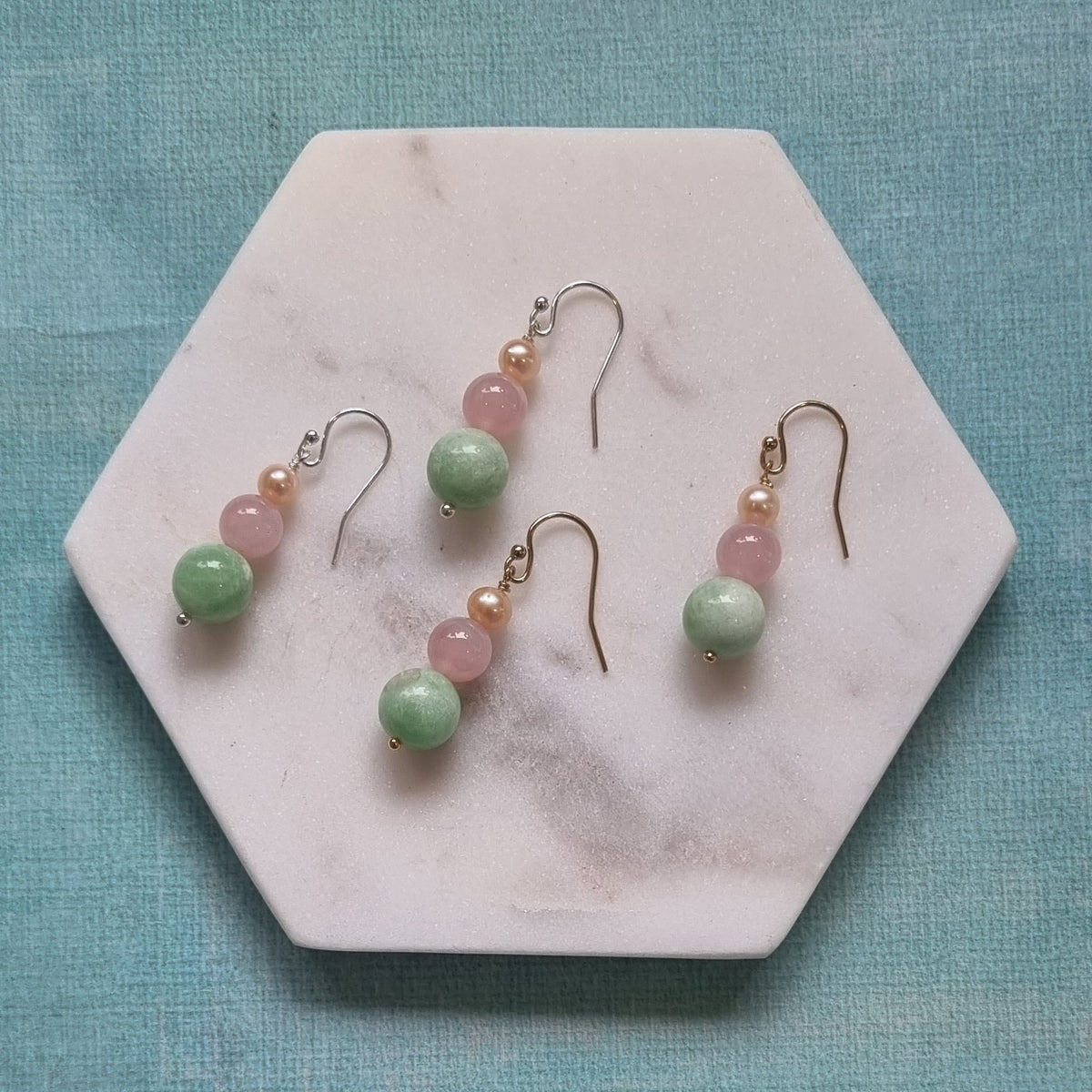 Bacca Green Moonstone, Rose Quartz & Freshwater Pearl Earring