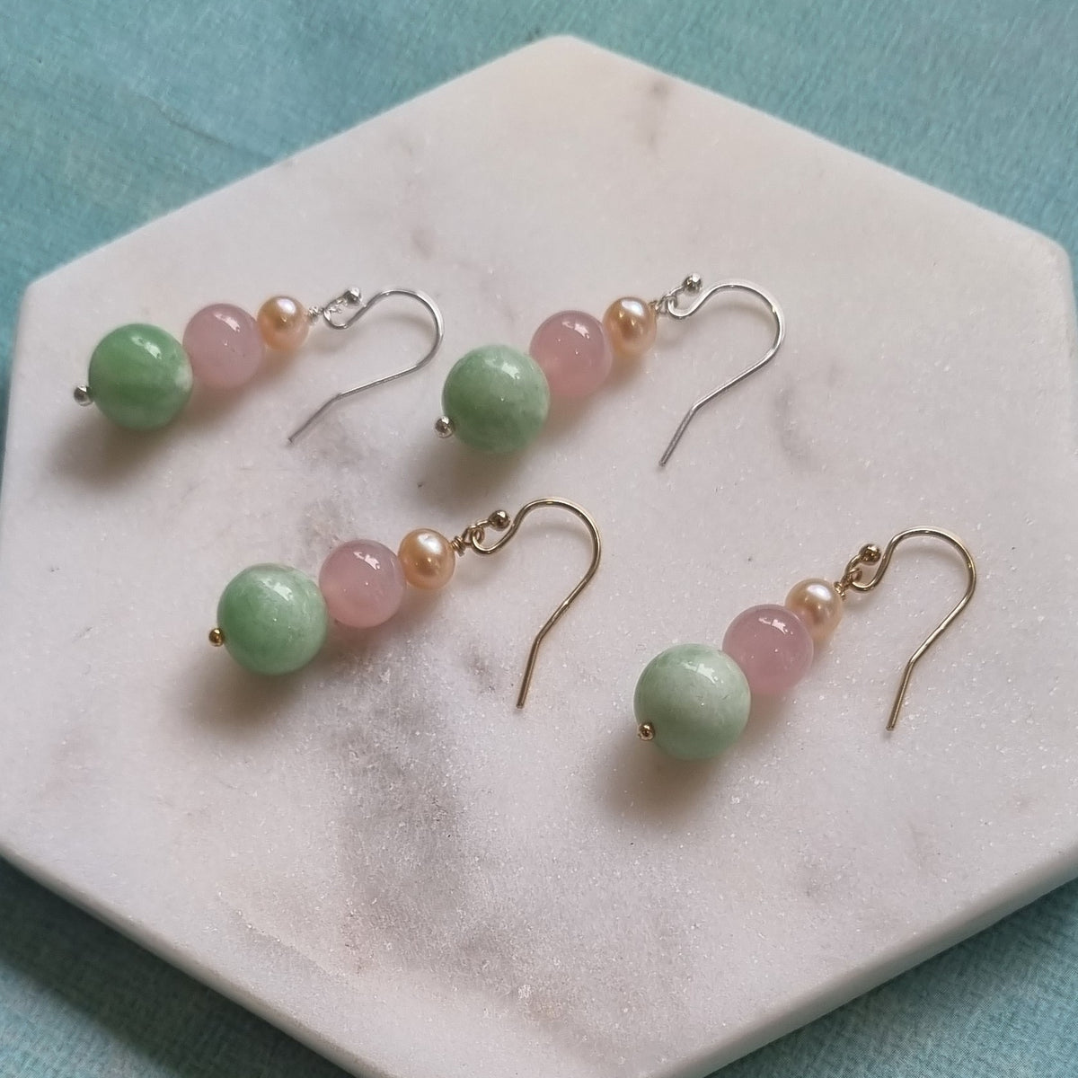 Bacca Green Moonstone, Rose Quartz & Freshwater Pearl Earring