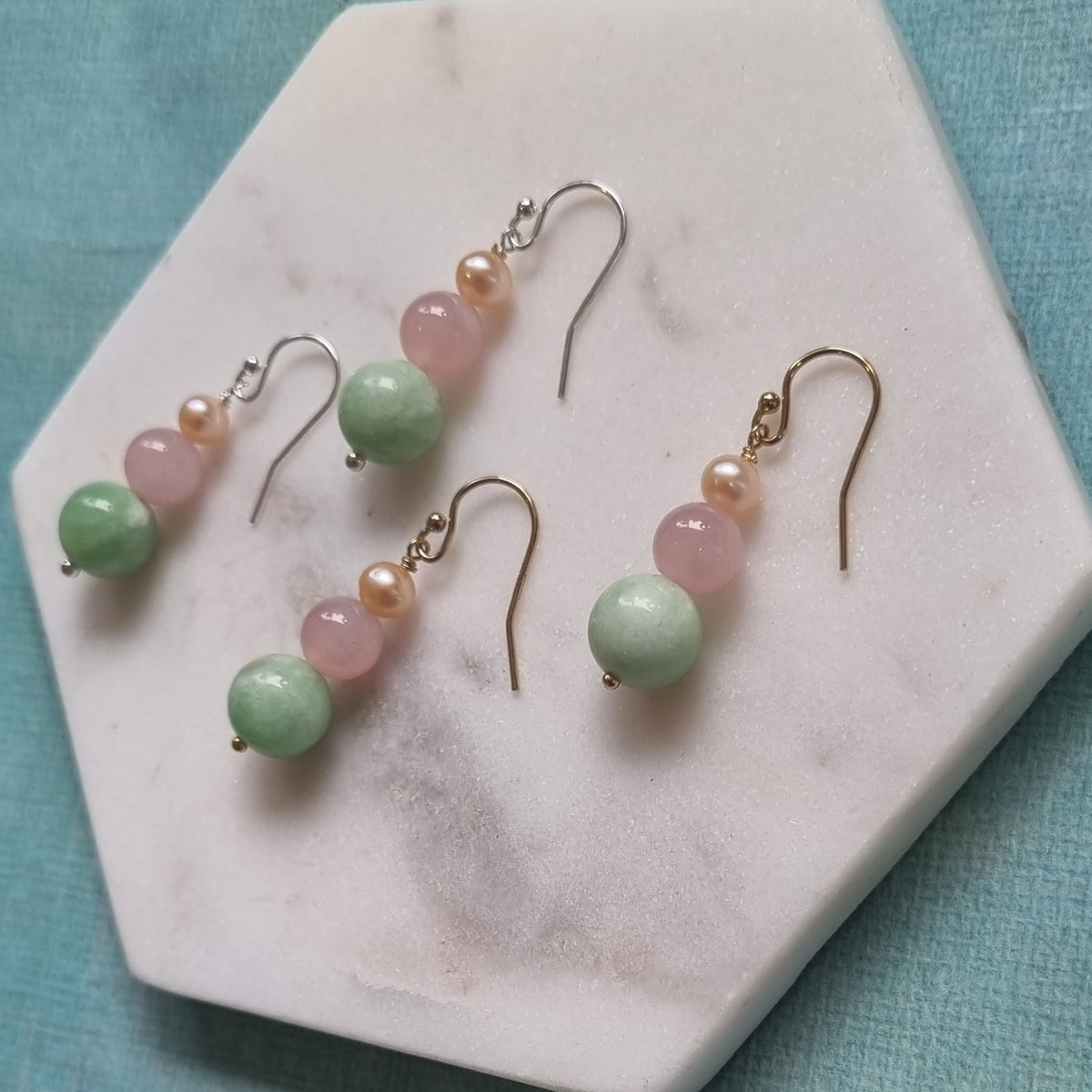 Bacca Green Moonstone, Rose Quartz & Freshwater Pearl Earring