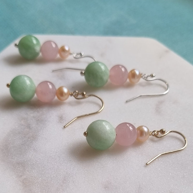 Bacca Green Moonstone, Rose Quartz & Freshwater Pearl Earring