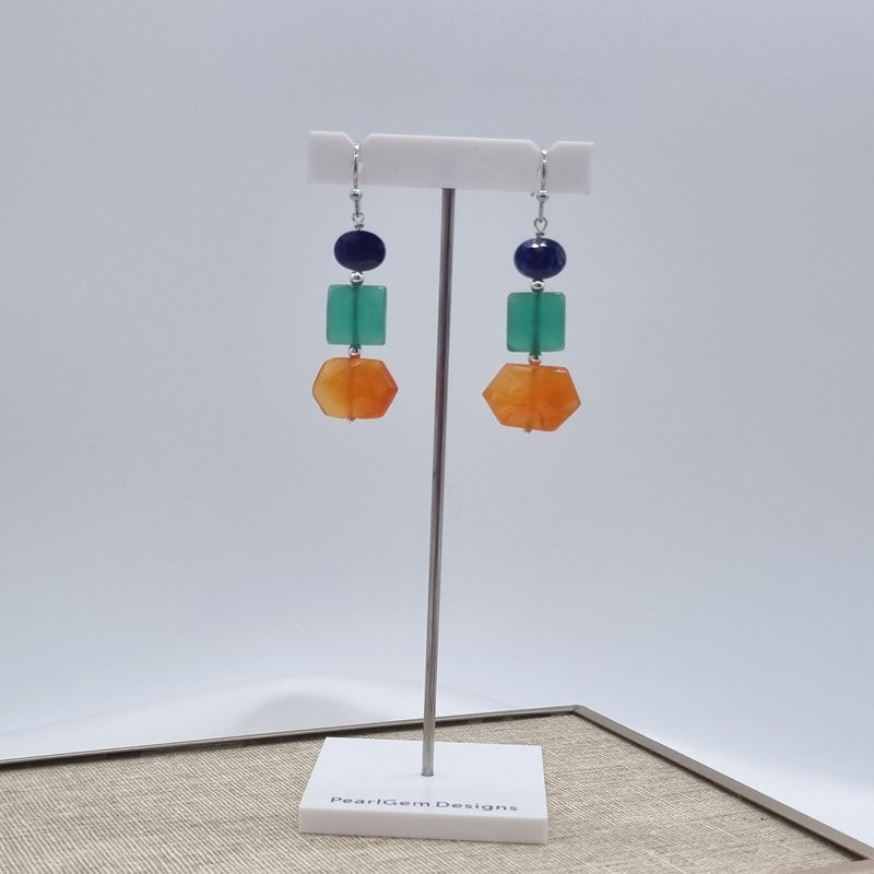 Deva Lapis Lazuli, Green Onyx and Carnelian Earrings Platinum or Gold