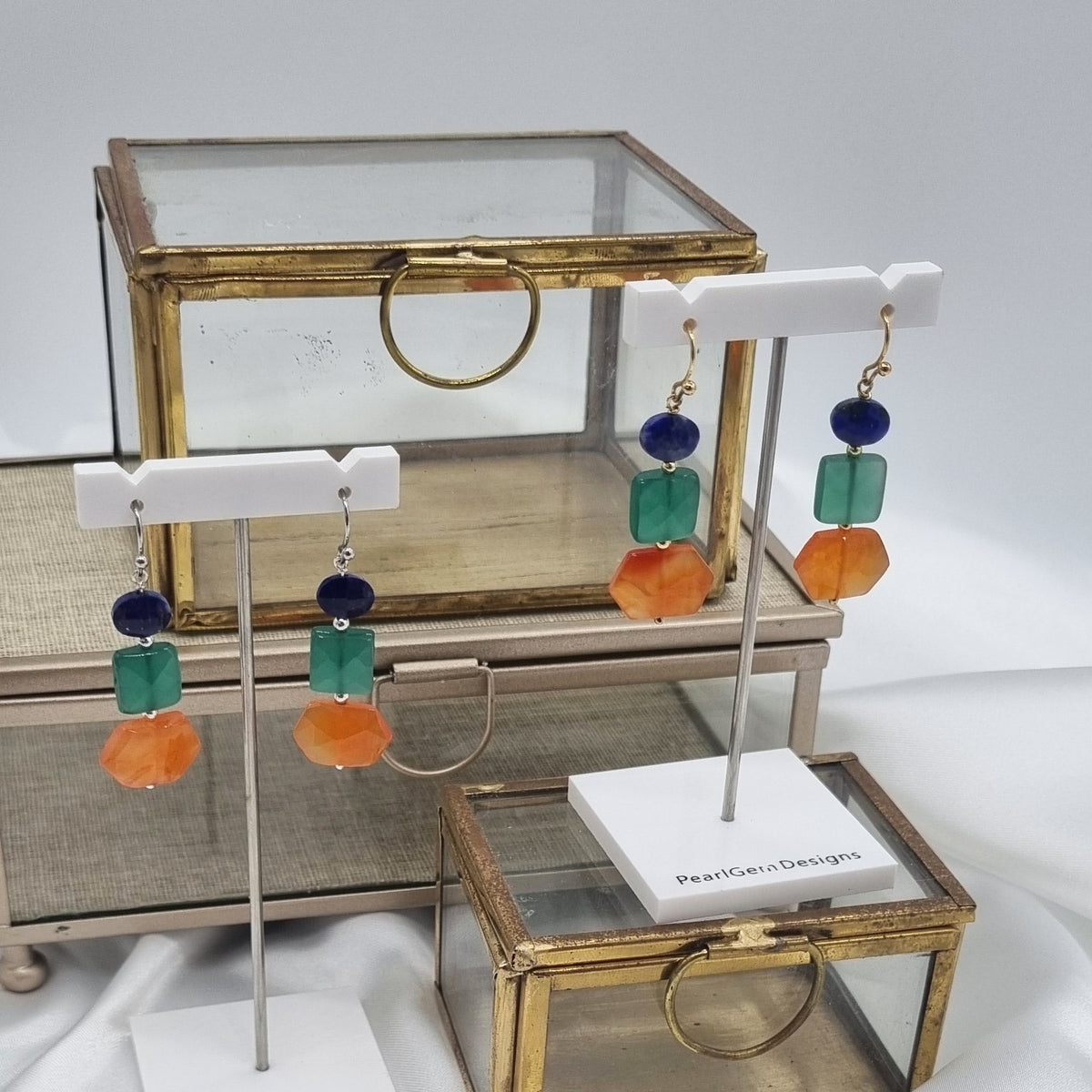 Deva Lapis Lazuli, Green Onyx and Carnelian Earrings Platinum or Gold