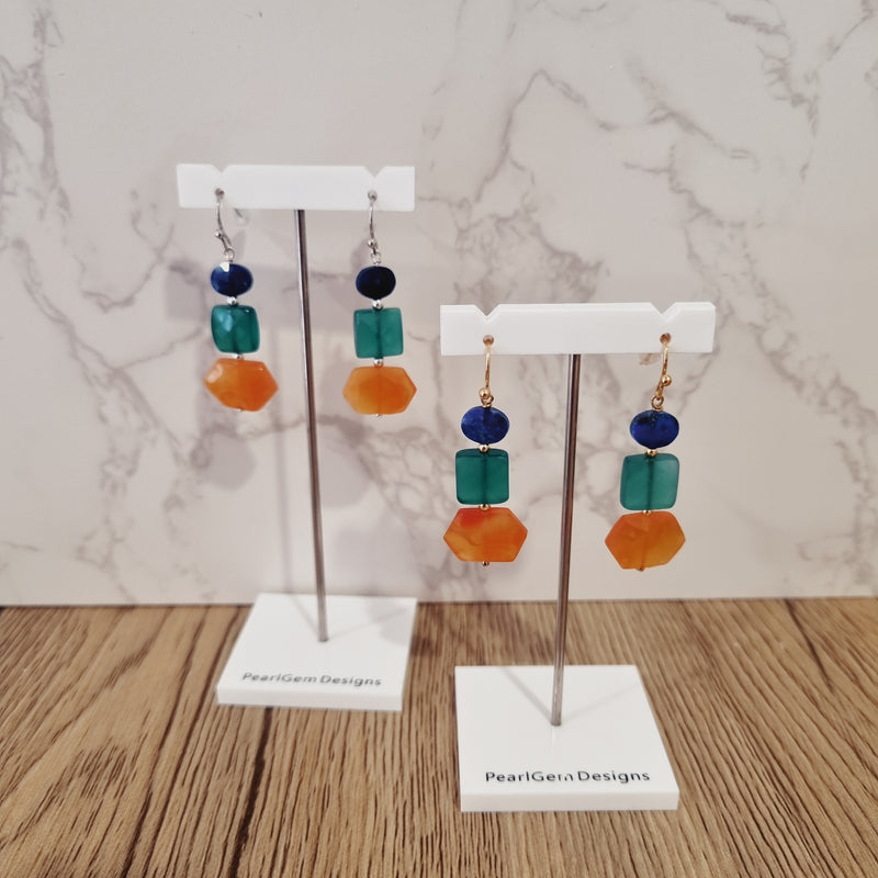 Deva Lapis Lazuli, Green Onyx and Carnelian Earrings Platinum or Gold