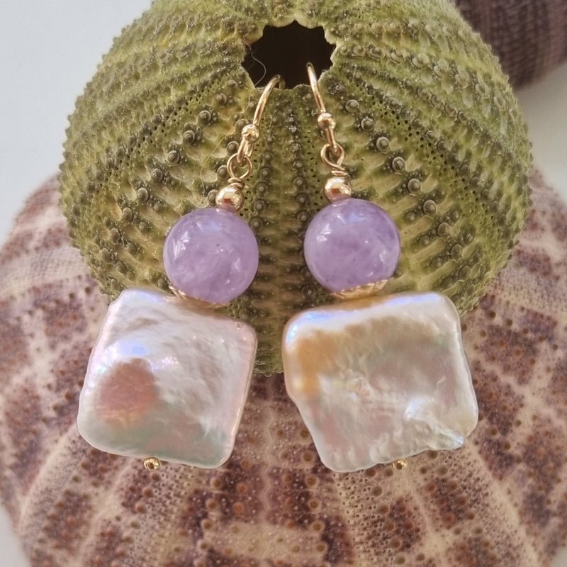 Blush Amethyst or Rose Quartz Freshwater Pearl Earrings Silver or Gold filled