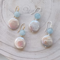 Blush Aquamarine Freshwater Pearl Earrings Silver or Gold filled