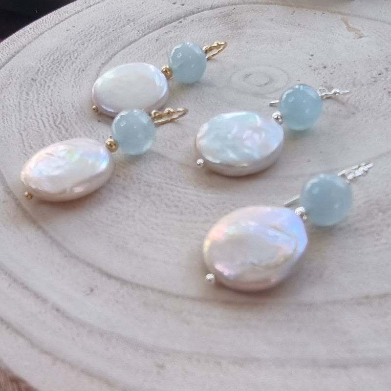 Blush Aquamarine Freshwater Pearl Earrings Silver or Gold filled