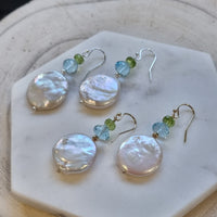 Blush Blue Topaz, Peridot & Freshwater Pearl Earrings Silver or Gold filled