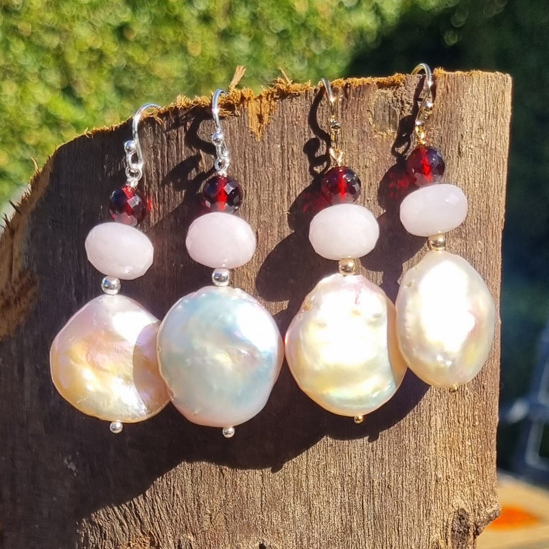 Blush Kunzite, Garnet &  Freshwater Pearl Earrings Silver or Gold filled