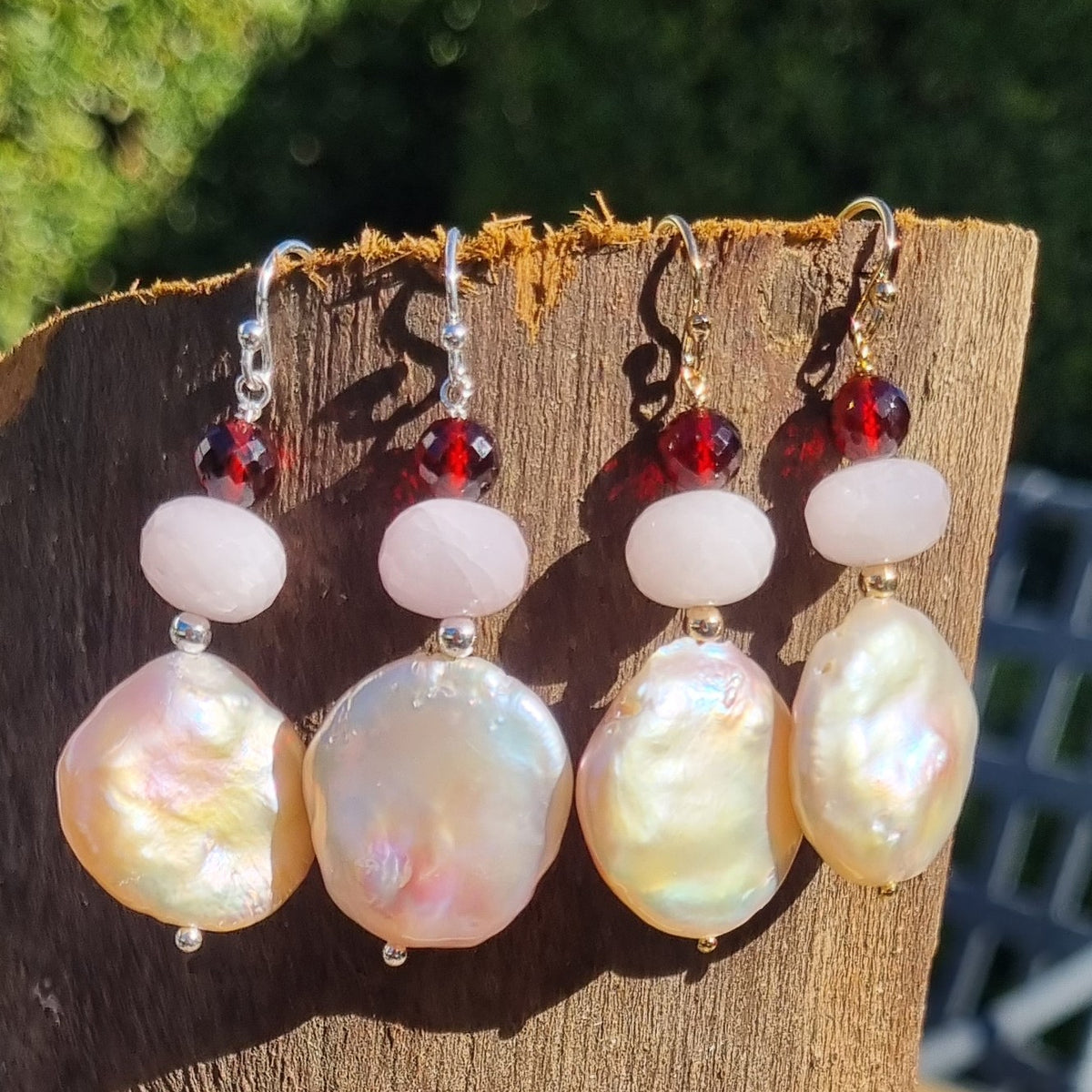 Blush Kunzite, Garnet &  Freshwater Pearl Earrings Silver or Gold filled