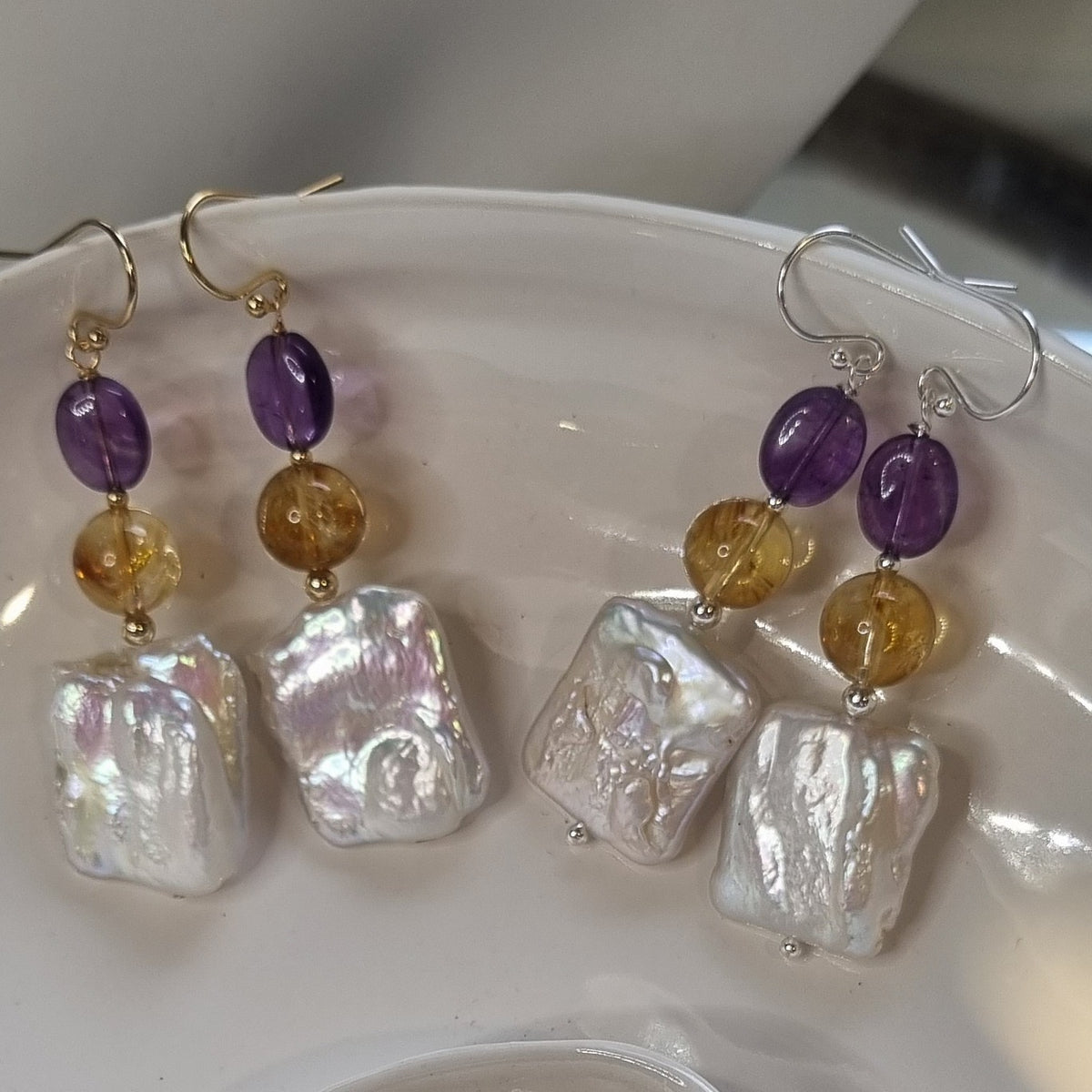 Blush Citrine, Amethyst &  Freshwater Pearl Earrings Silver or Gold filled