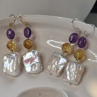 Blush Citrine, Amethyst &  Freshwater Pearl Earrings Silver or Gold filled