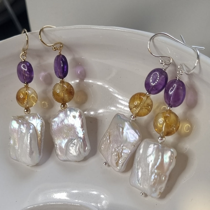 Blush Citrine, Amethyst &  Freshwater Pearl Earrings Silver or Gold filled