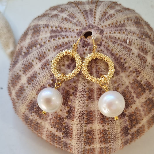 Sandy Textured Ring Freshwater Pearl Earrings