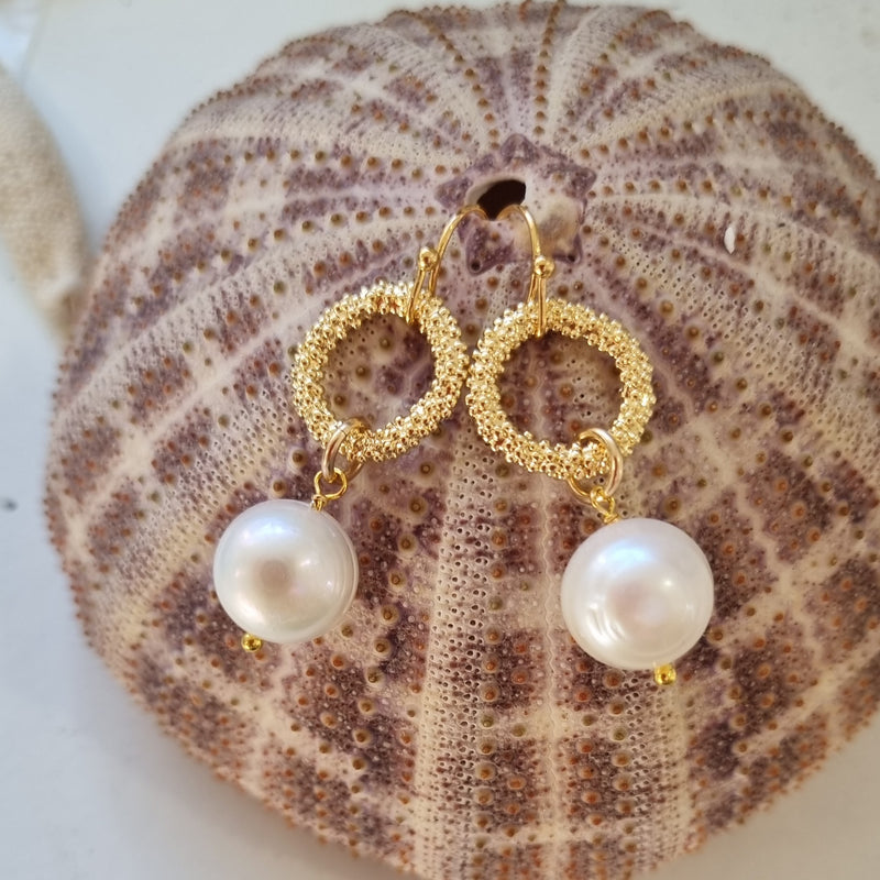 Sandy Textured Ring Freshwater Pearl Earrings