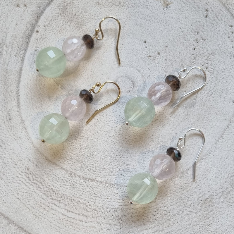 Deva Prehnite, Rose and Smokey Quartz Earrings Silver or Gold