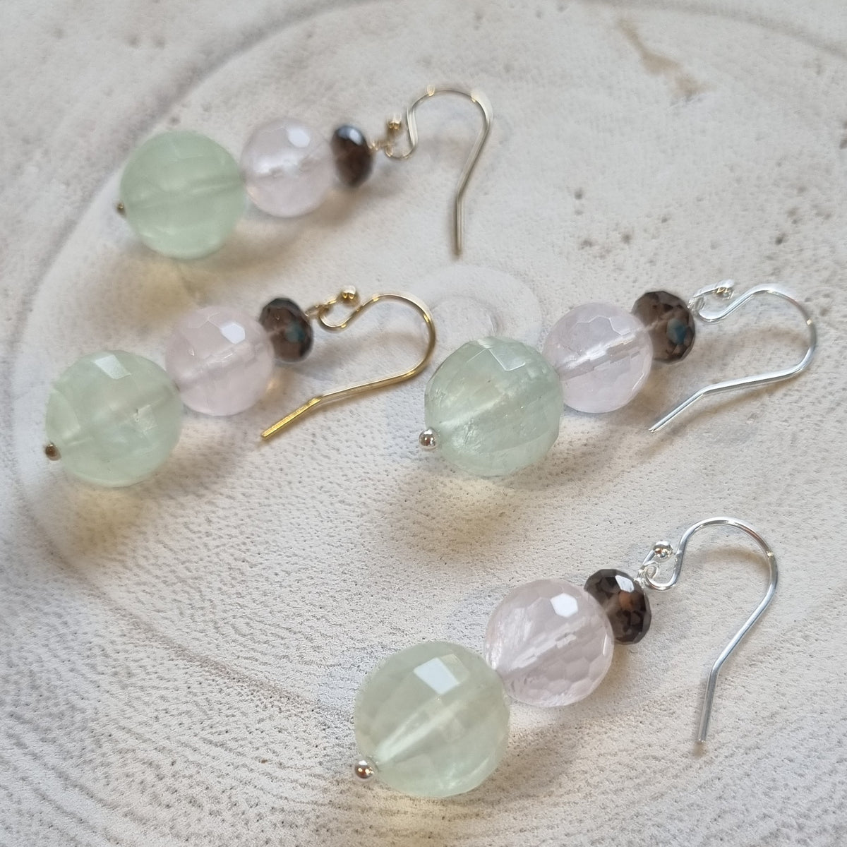 Deva Prehnite, Rose and Smokey Quartz Earrings Silver or Gold