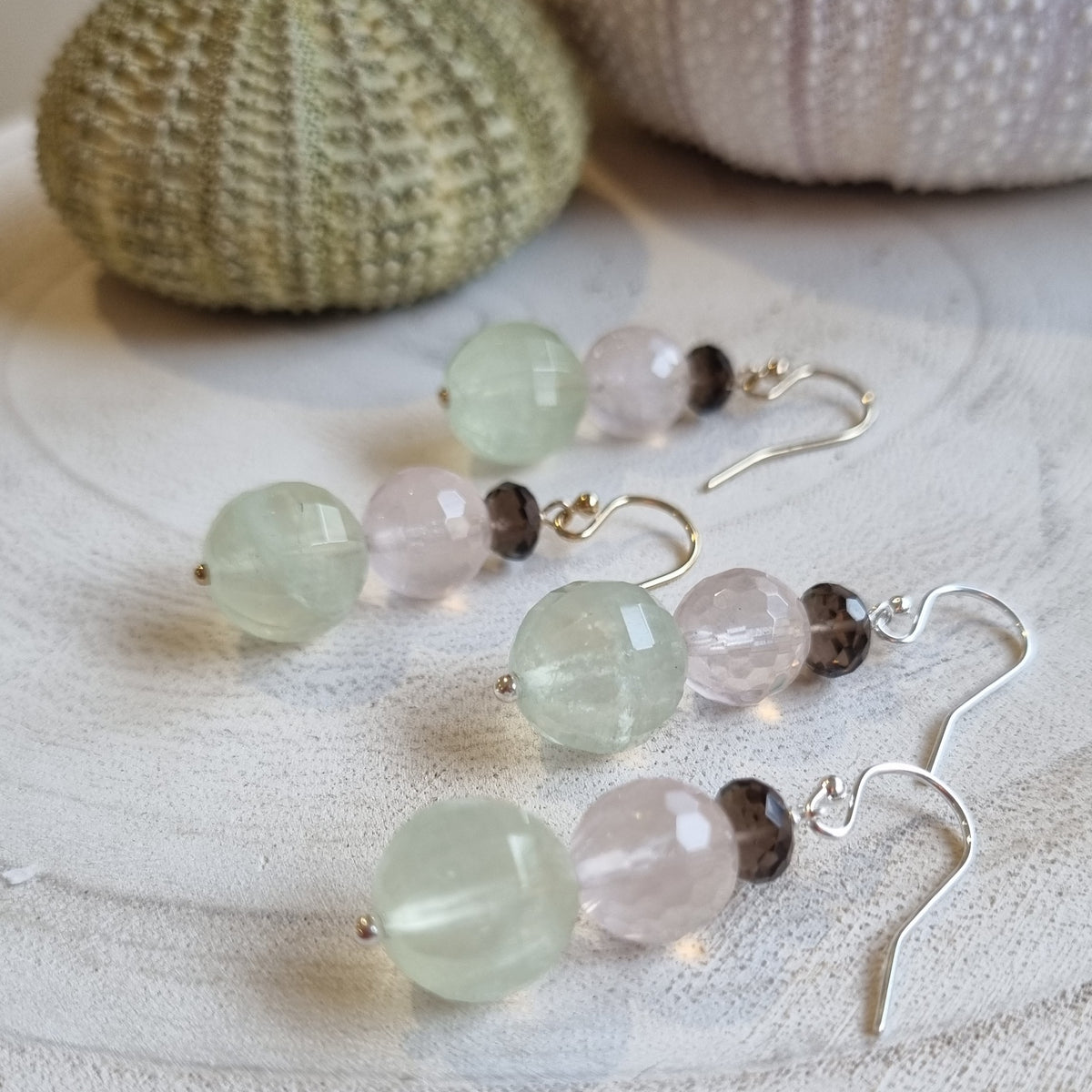 Deva Prehnite, Rose and Smokey Quartz Earrings Silver or Gold